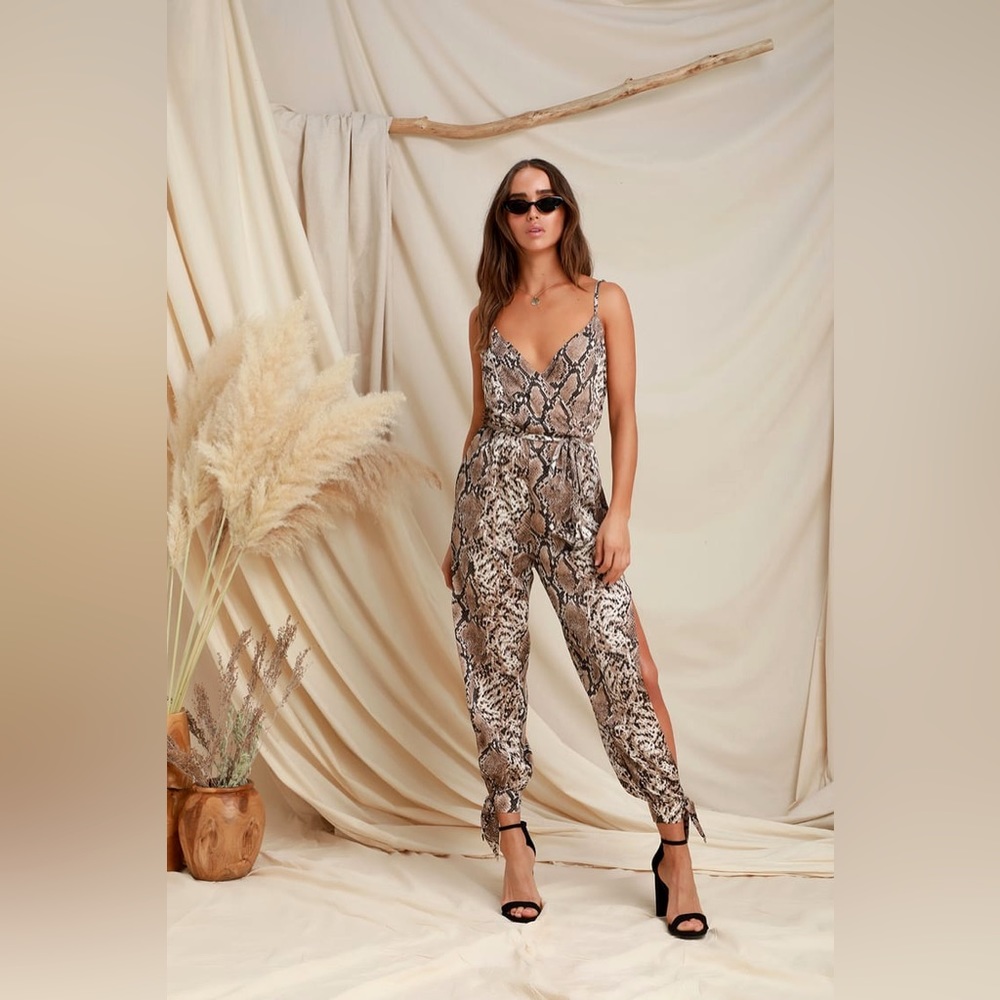Jasper Beige Snake Print Surplice Jumpsuit